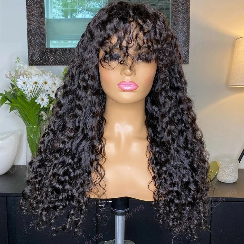 30 Zoll Water Wave Echthaarperücken mit Pony, klebefreie Pony-Perücke, Kinky Curly Bob Perücke mit Pony, vollmaschinell gefertigte Perücke, 180%