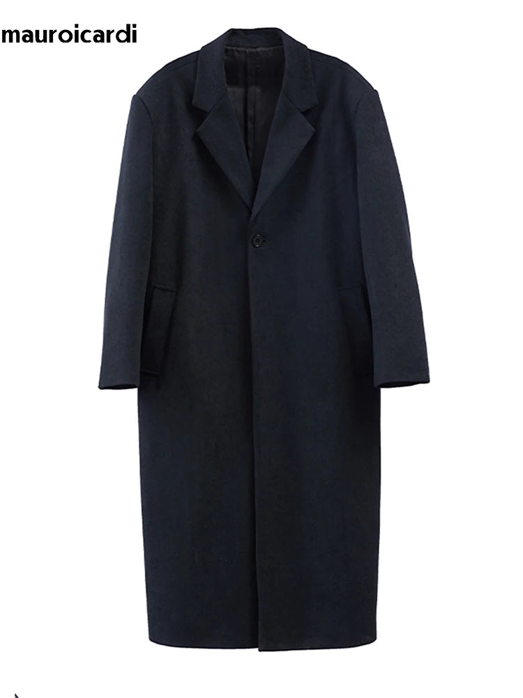 Mauroicardi Herbst Winter Langer Oversized Schwarzer Woll-Trenchcoat Herren Schulterpolster Einreihiger Luxus-Cocoon-Mantel 2022