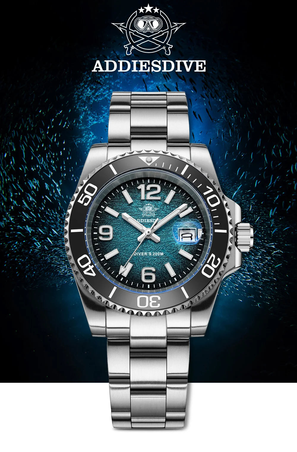 Montre de Plongée Homme ADDIESDIVE 41mm AD2513 Étanche 200m Acier Inoxydable 316L Montre-Bracelet à Quartz Calendrier BGW9 Super Lumineux