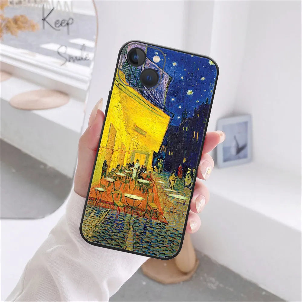 Art Van Gogh Sternenklare Sonnenblume Handyhülle für iPhone 11 12 13 14 15 16 17 Pro Max 17AIR 14 15 16 Plus Schwarze Weiche Silikonhülle