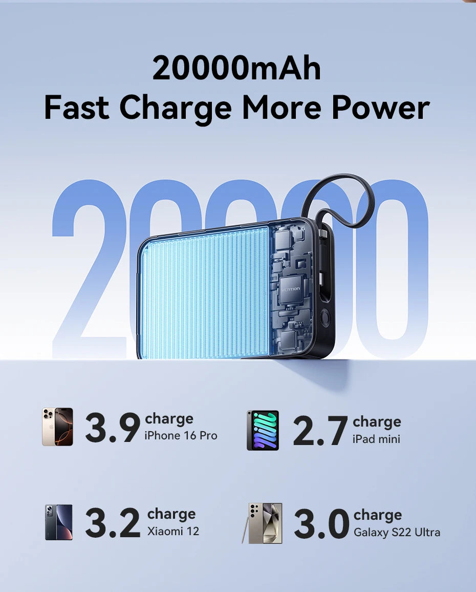 Vention 65W Power Bank 20000mAh Built-in USB-C Cable Portable Powerbank for Laptop PD Fast Charger for iPhone 17 Samsung S25 S24