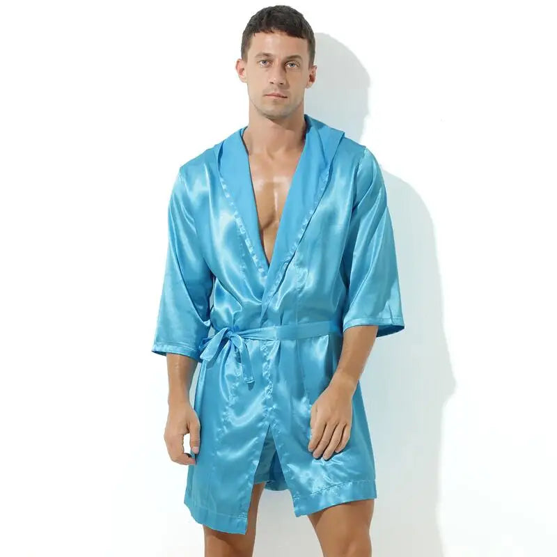 Sexy Nachtwäsche Herren Bademäntel Weich Seidig Kurzarm-Nachthemd Herren Hauskleidung Morgenmantel Herren Schlafanzug (Ohne Shorts)