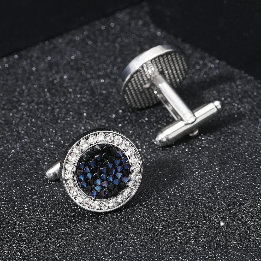 Modern Mens Cufflinks Pave Round Crystal Cuff Links Black Blue Rhinestone Color Dust Formal Button Ornaments