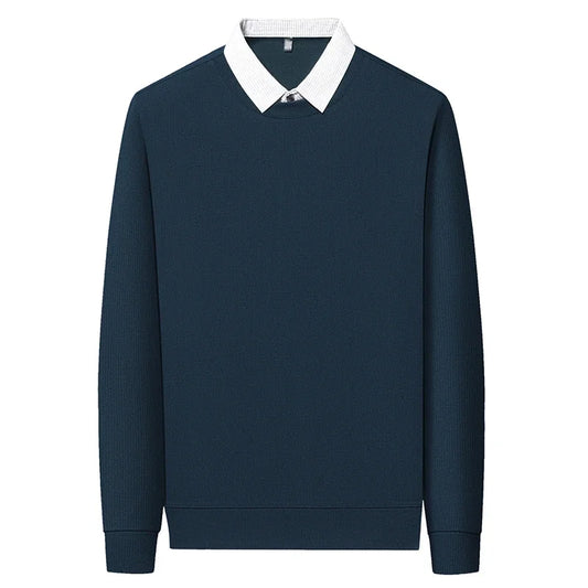 2025 New Men's Fake Two Piece Polo Shirt Casual Fashion Long Sleeve Collar T-shirt Versatile Top