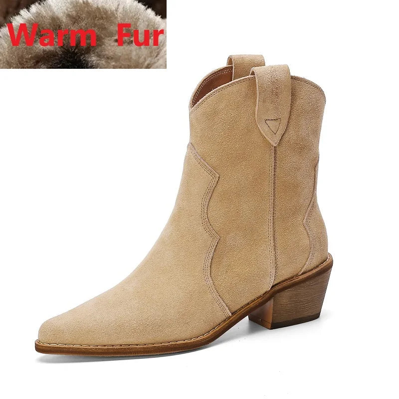 Bottes Chelsea pour femme en suède de vache à bout pointu et talon épais, bottines cousues, chaussures d'hiver, bottes western pour femme, printemps automne