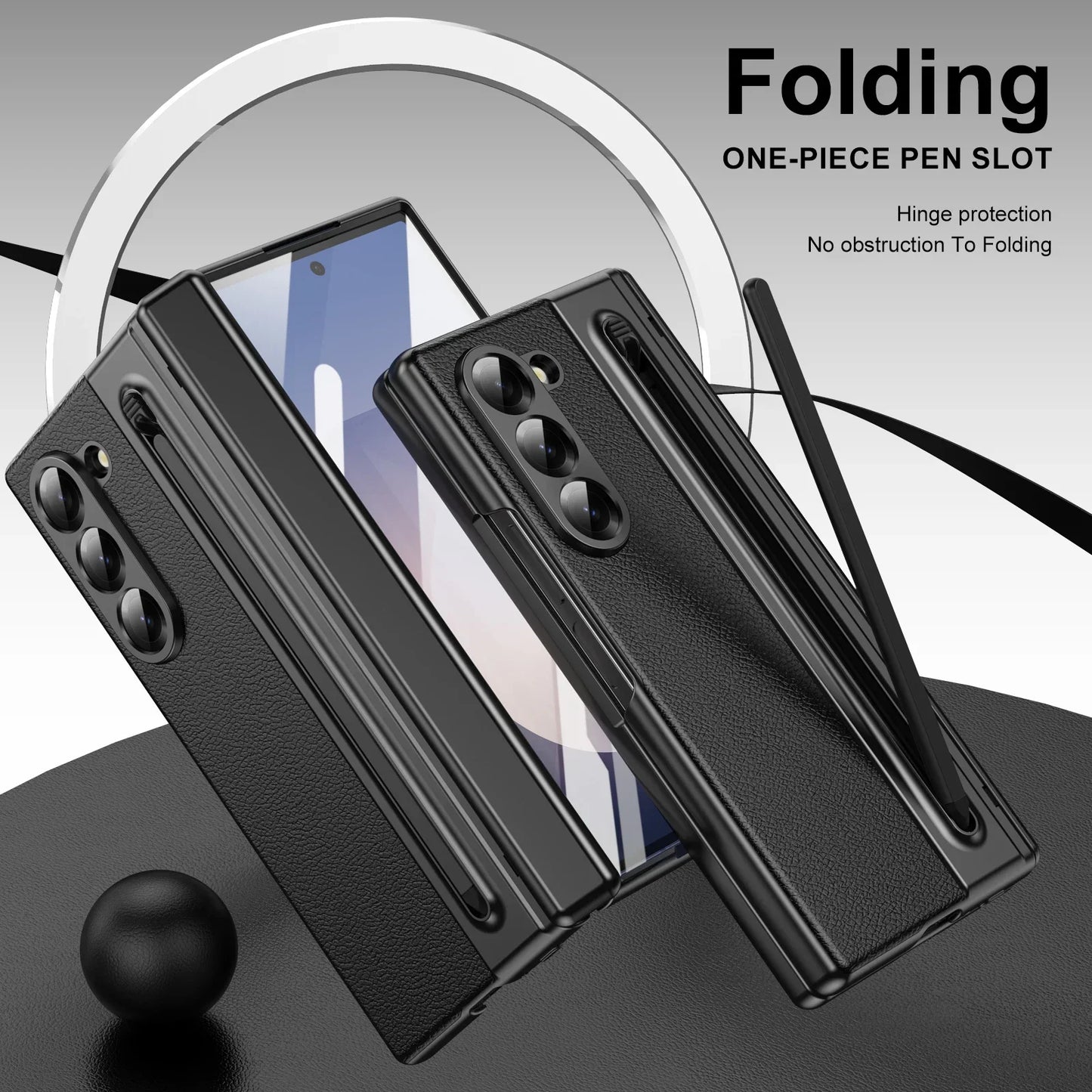 Leder mit Stahlfilm Stifthalter Handyhülle für Samsung Galaxy Z Fold 7 6 5 4 Fold7 Fold6 Scharnierschutz Stoßfeste Hülle
