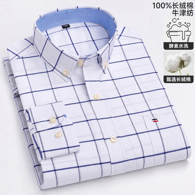 100-220 catties Plus Size Men's Shirt 100% Cotton Long Sleeve Business Casual All Oxford Spinning Plus Size Plaid Shirt
