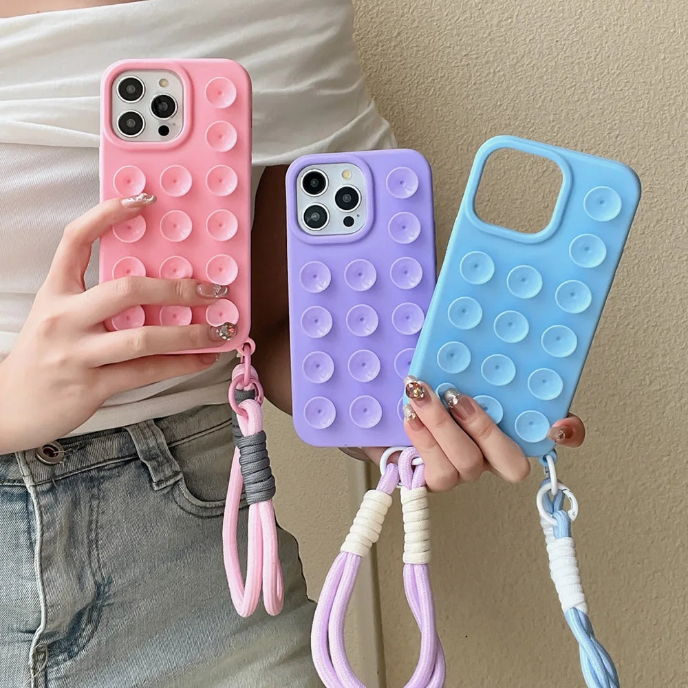 Suction Cup Phone Case For iPhone 16 Pro Max Case iPhone 17 13 11 12 14 15 Pro Max 14 Plus Wrist Strap Bracelet Lanyard Cover