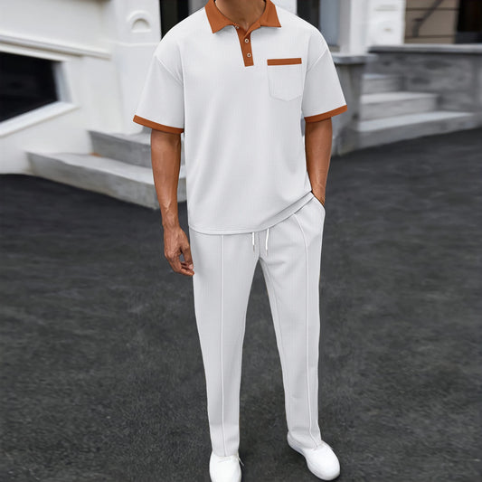 Men's Waffle Textured 2 Piece Set Contrast Trim Polo Shirt with Chest Pocket & Drawstring Long Pants Casual Outfits for Daily We