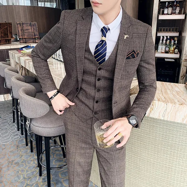 S-7XL (Jacke+Weste+Hose) Mode-Boutique Gitter Anzug Formeller Business Herren Anzug 3-teiliges Set Bräutigam Hochzeitskleid Karierter Anzug Showbühne