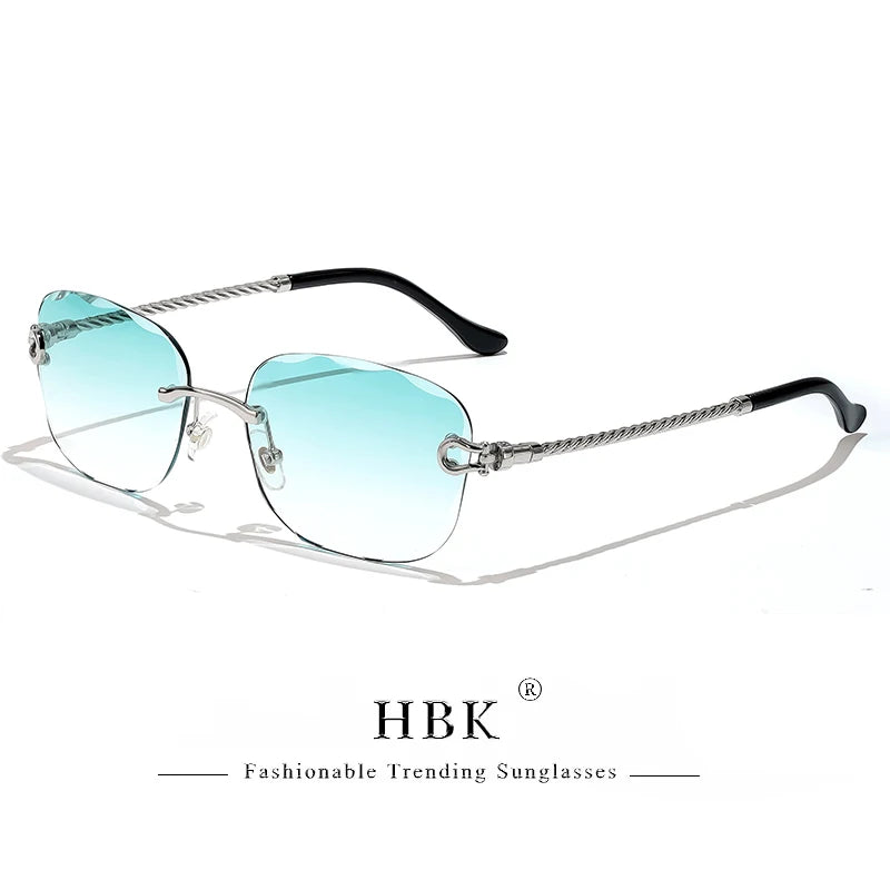 HBK Rahmenlose Metall Sonnenbrille Herren Wellenform geschnitten Sonnenbrille für Damen Reise Shopping Brille UV400 Sommer Stil