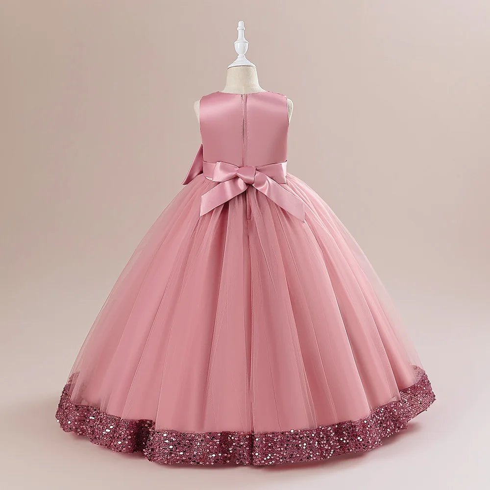 Fluffy Pailletten Brautjungfern Prinzessin Mädchenkleid Elegante Schleife Rosa Hochzeit Abschlussball Abend Kinder Partykleider für Mädchen Geburtstagskostüme