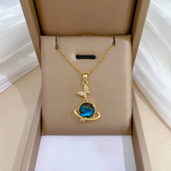 Exquisite Mikro-Inlaid Zirkon Schmetterlings-Quasten-Halskette für Damen Edelstahl Mond Schmetterling Blume Schlüsselbein-Choker-Schmuck