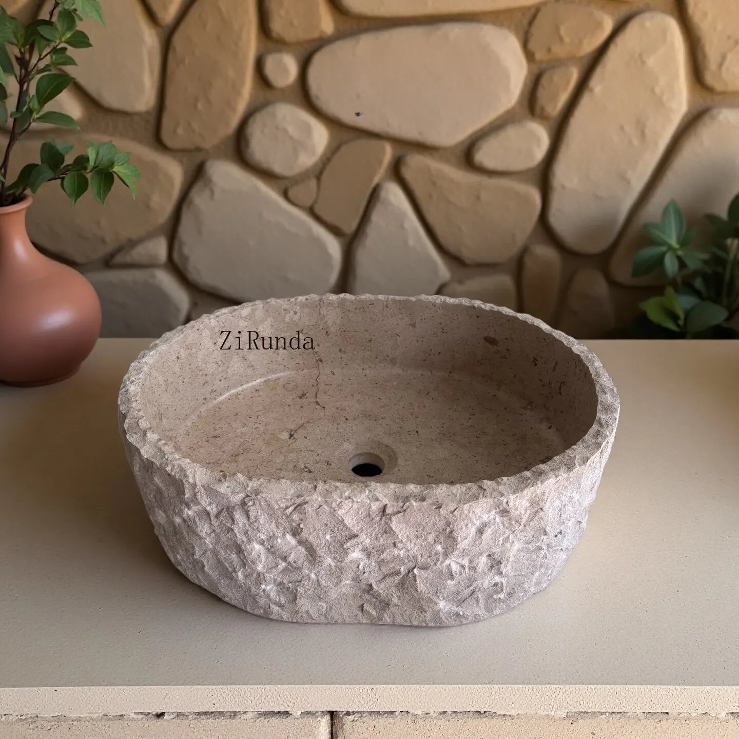 Light beige lime stone table wash basin oval outer wool surface wash basin natural stone custom sink