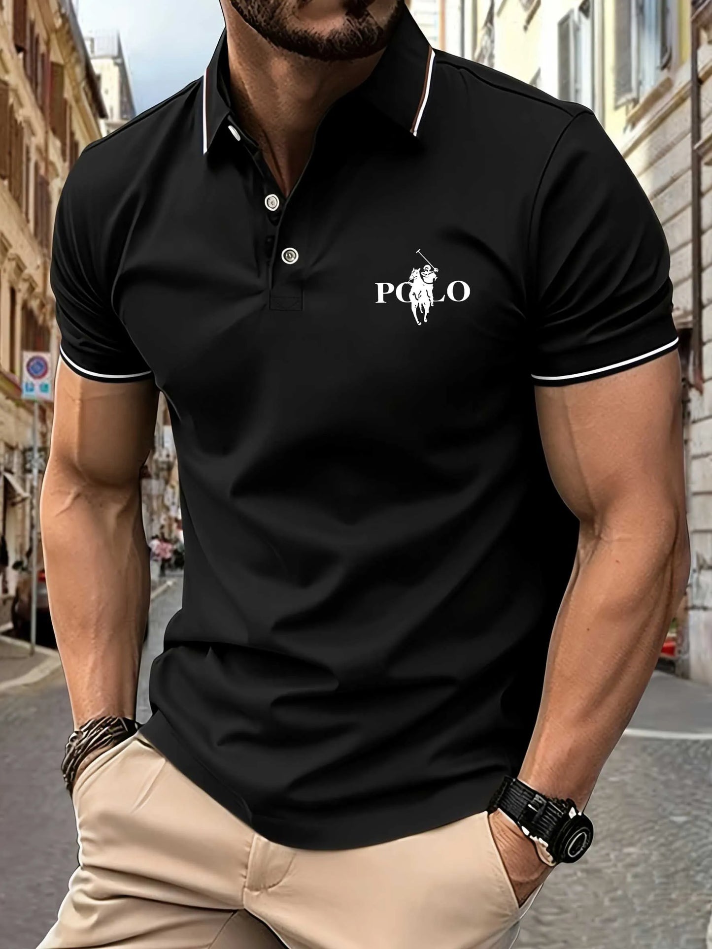 T-shirt de sport décontracté pour homme – T-shirt de course pour la gym – T-shirt polo élastique à manches courtes avec revers – Haut ajusté pour homme
