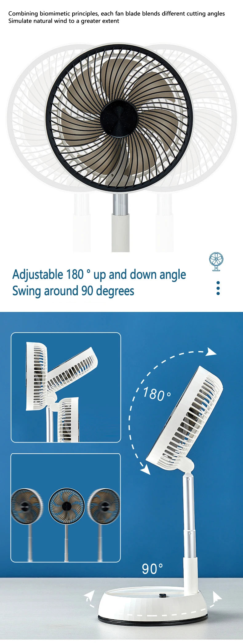 Tragbarer oszillierender Standventilator mit Fernbedienung, faltbarer Tischventilator, akkubetriebener Standventilator für Camping