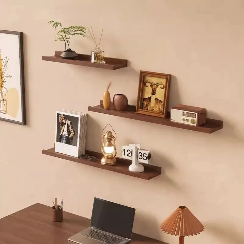 Space Saving Wooden Floating Shelf Minimalist Style Rustic Wall Mounted Storage Rack Decorative Bookshelf Organizer