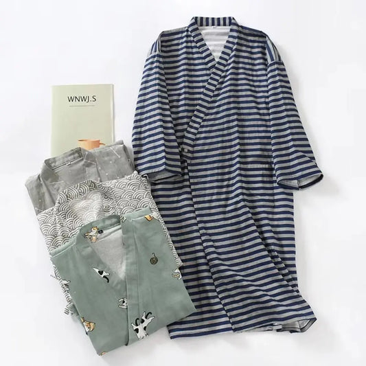 Bath Robe V-Neck Men's Kimono Bathrobe Long Sleeve Loose Kimono Pajamas Casual Thin Japanese-Style Yukata Summer