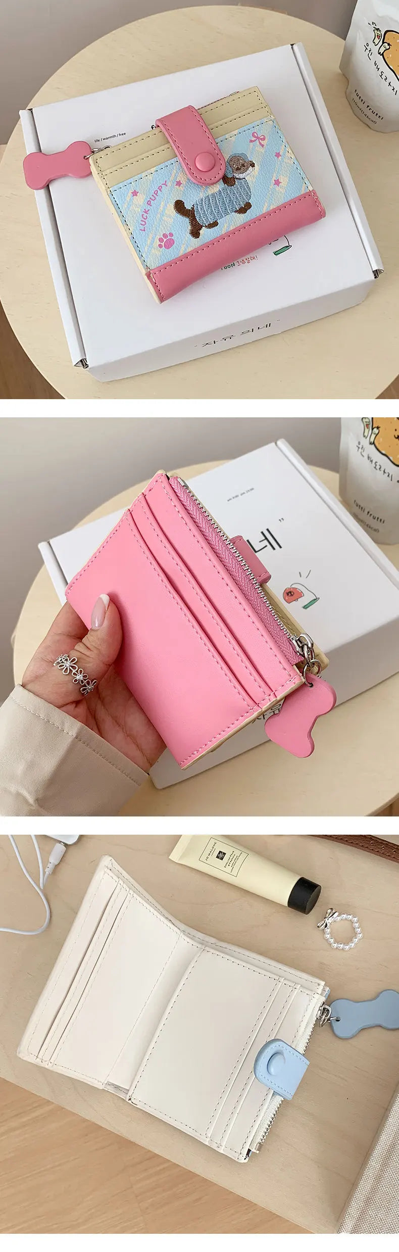 Lässiger koreanischer Stick-Stil Dackel Niedlicher kleiner Geldbeutel Cartoon-Kartenhalter mit mehreren Fächern kurze Clutch Münztasche