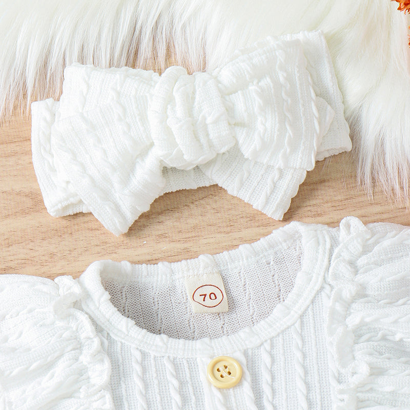 Ensemble 3 pièces printemps automne pour bébés filles, barboteuse à manches longues boutonnée avec volants + chaussettes + bandeau