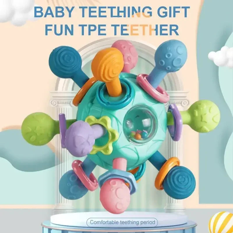 Jouets Bébé 0-12 Mois Hochet Balle Rotative Jouet d'Activité à Saisir Jouet de Développement Bébé Anneau de Dentition en Silicone Jouets Sensoriels Bébé pour Bébés