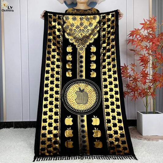 Neues Sommer-Kurzarm-Kleid aus Baumwolle für Damen mit großem Schal Goldprägung Boubou Maxi Islam Damen Afrikanische Abaya Kleidung