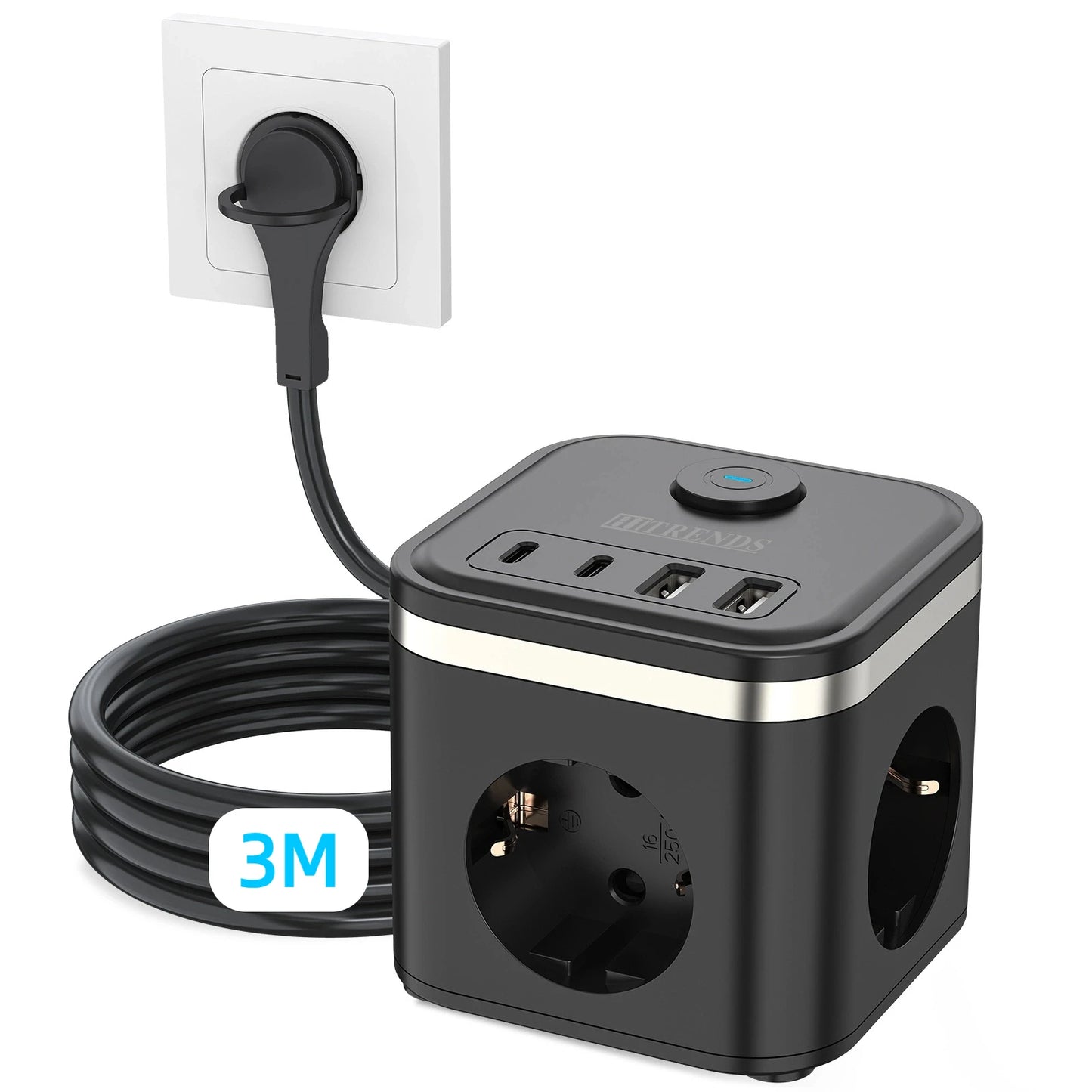 7-in-1 EU Multi-function Power board Ultra-thin flat plug with 3 AC power outlets 2 USB-C and 2 USB-A 2-meter extension cords