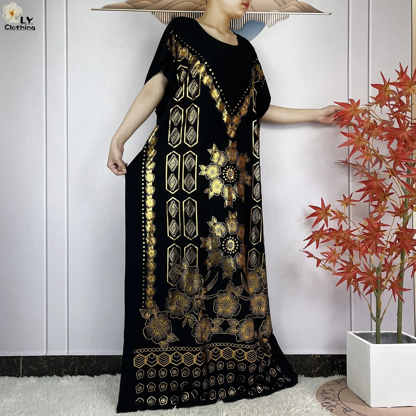 Neues Sommer-Kurzarm-Kleid aus Baumwolle für Damen mit großem Schal Goldprägung Boubou Maxi Islam Damen Afrikanische Abaya Kleidung