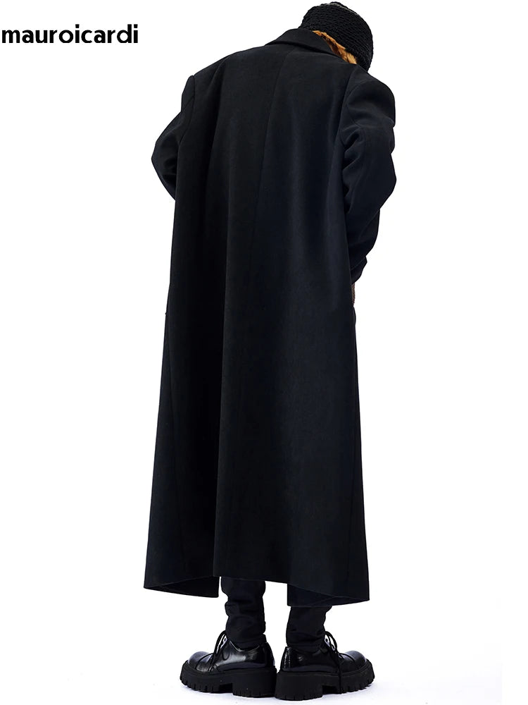 Mauroicardi Herbst Winter Langer Oversized Schwarzer Woll-Trenchcoat Herren Schulterpolster Einreihiger Luxus-Cocoon-Mantel 2022