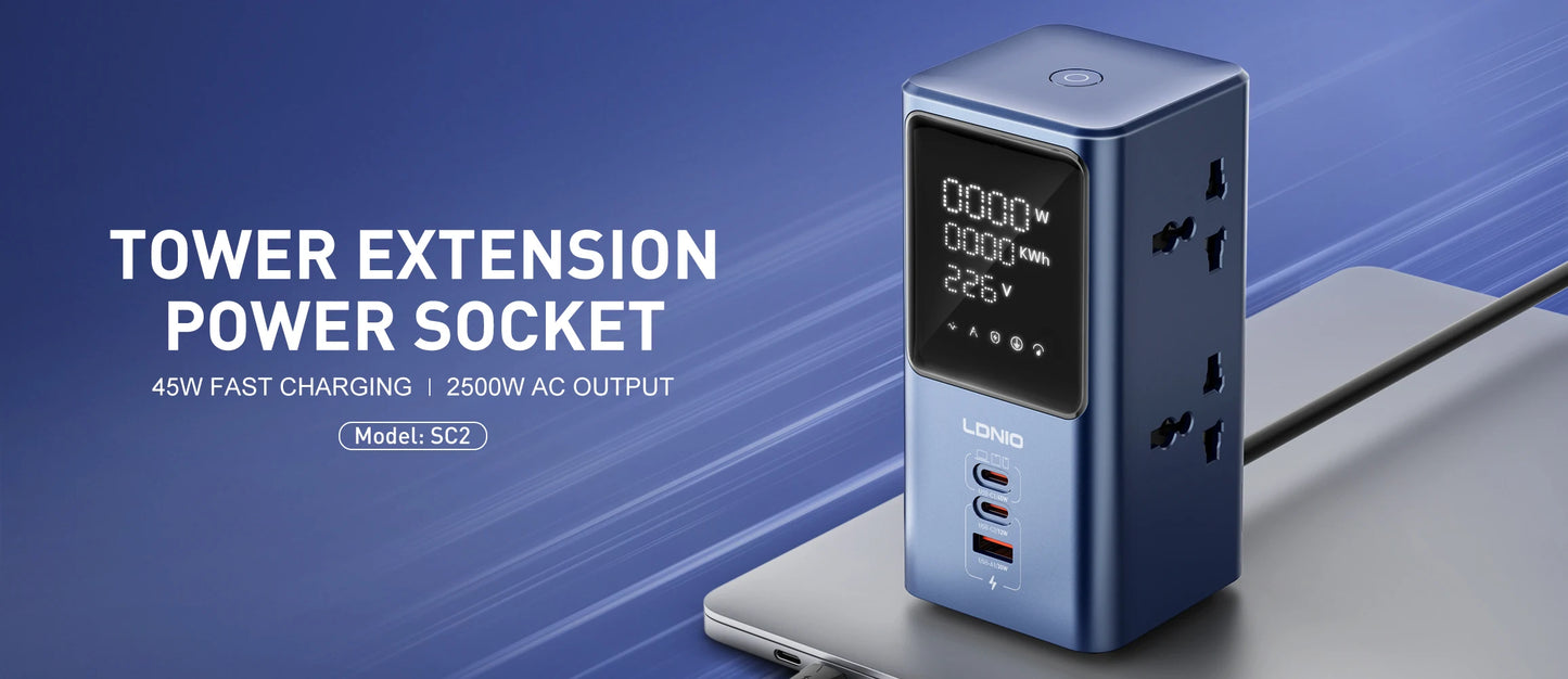LDNIO 45W Vertikale Turm-Steckdosenleiste Mehrfach Universalsteckdosen Verlängerungskabel QC PD USB C Schnellladegerät Bildschirm UK EU US Stecker