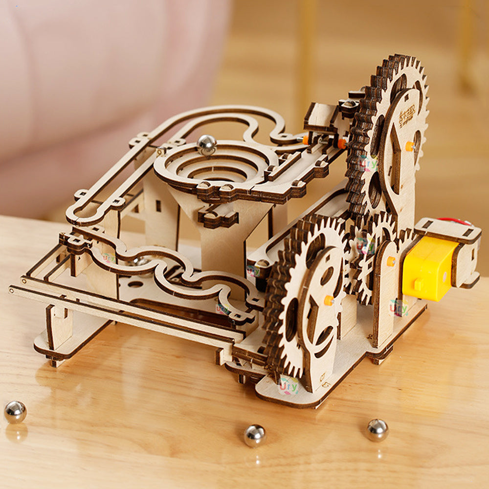 Ury 3D Wooden Puzzles Electric Catapult Track Device Marble Run Set Mechanical Model Science Maze 5 Balls Assembly Gift for Kids