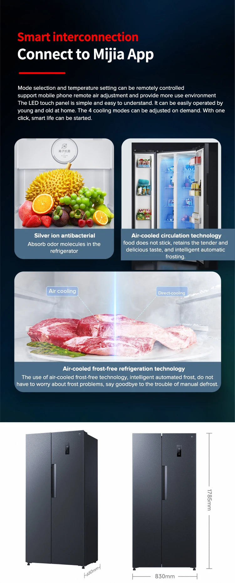 501L Side-by-Side Refrigerator - Smart 2-Door Fridge with App Control (36dB Ultra-Quiet Operation, Energy Saving）