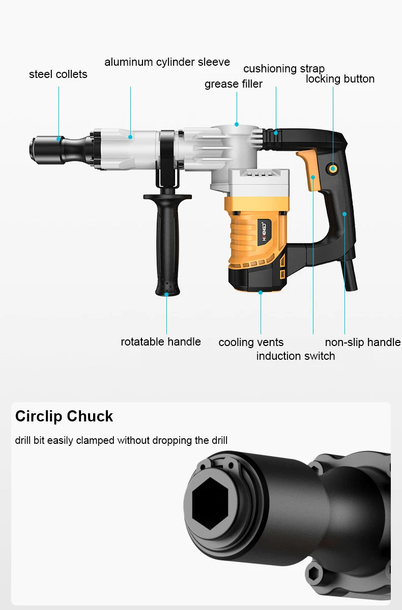 Marteau perforateur électrique 2400W multifonction – Marteau-piqueur électrique 220V – Brise-béton – Perceuse à percussion haute puissance