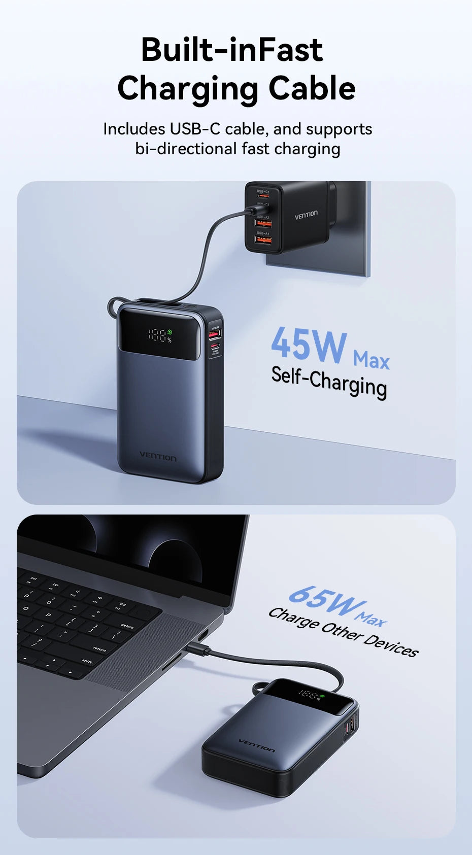 Vention 65W Power Bank 20000mAh Built-in USB-C Cable Portable Powerbank for Laptop PD Fast Charger for iPhone 17 Samsung S25 S24