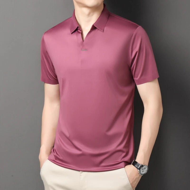 Polo 2024 de haute qualité, extensible et élastique, Chemise à manches courtes pour hommes, style décontracté, Col en V sans coutures, Polo pour hommes M-4XL