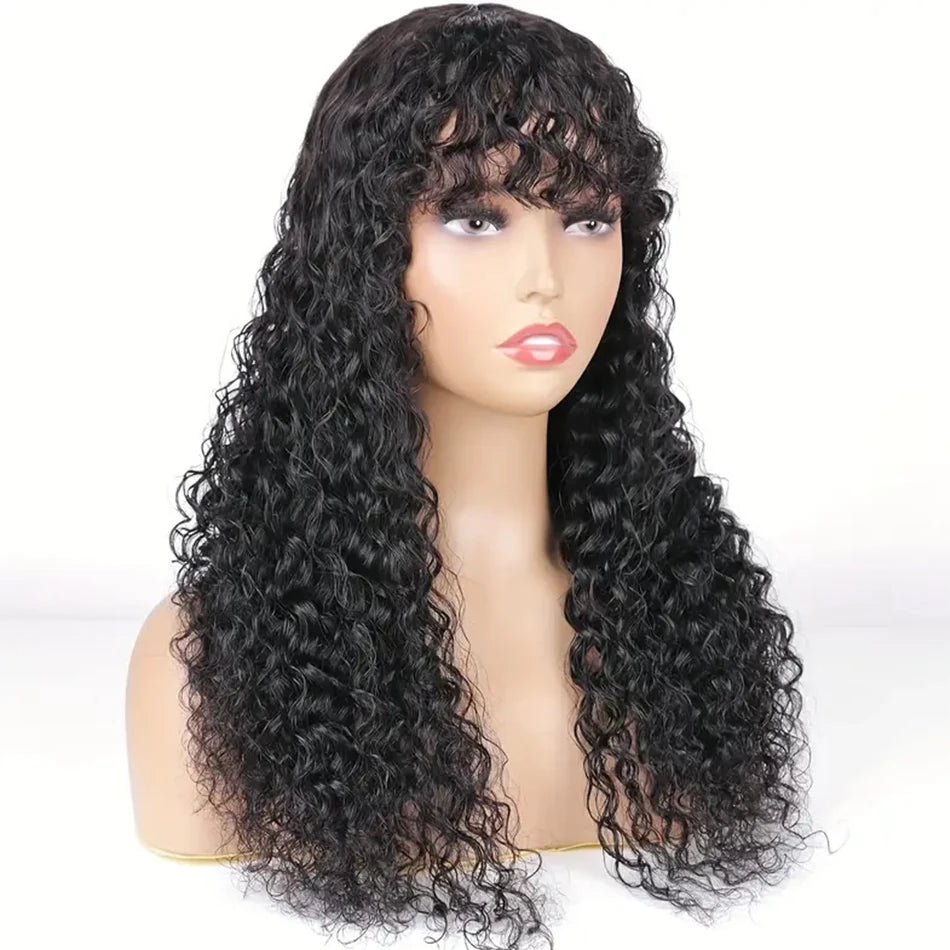 30 Zoll Water Wave Echthaarperücken mit Pony, klebefreie Pony-Perücke, Kinky Curly Bob Perücke mit Pony, vollmaschinell gefertigte Perücke, 180%