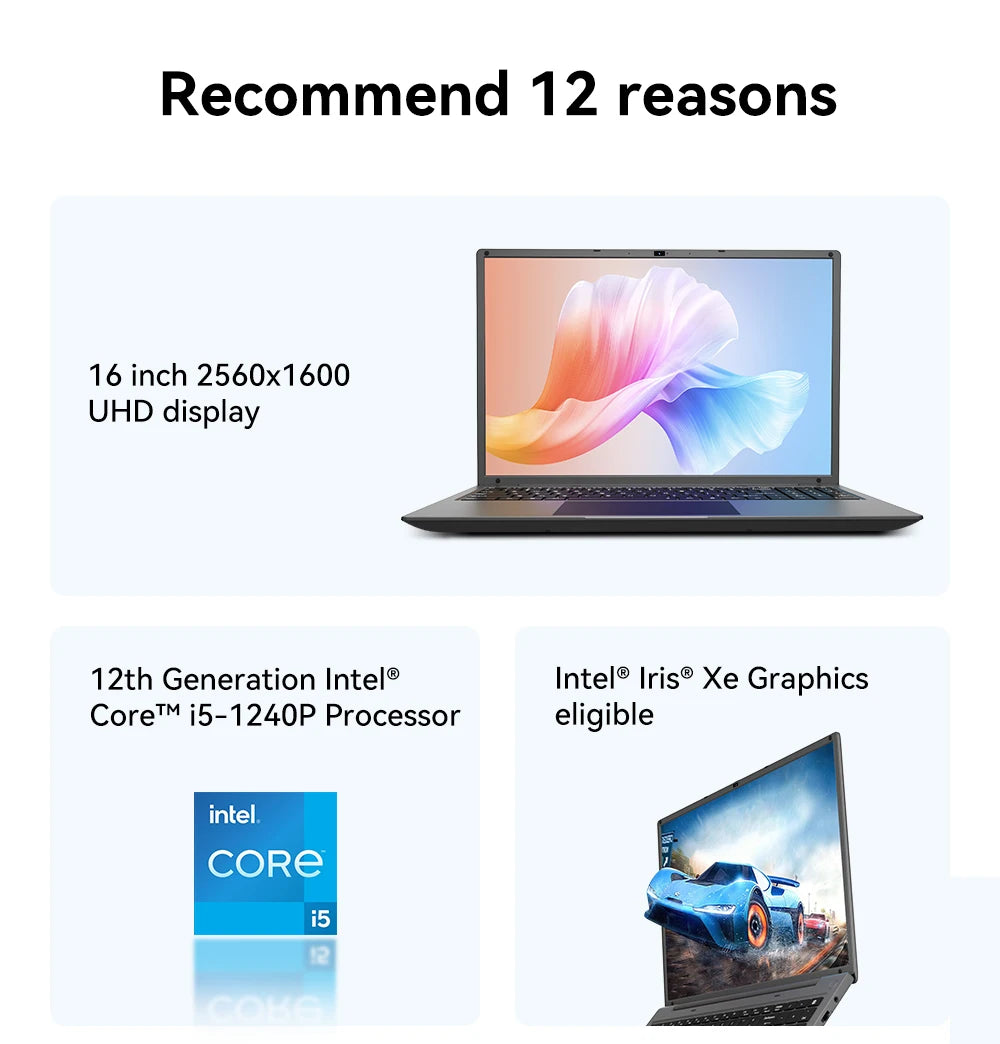 Ordinateur portable 16 pouces avec Intel Core i5 1240P Écran IPS 2.5K Windows 11 Ordinateur portable Adreamer Portable 16 Go de RAM 1 To de SSD