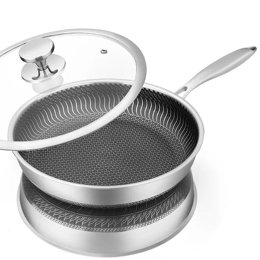 LMETJMA Poêle à frire en acier inoxydable antiadhésive alvéolée avec couvercle compatible avec les tables de cuisson à induction, vitrocéramiques et à gaz KC0480