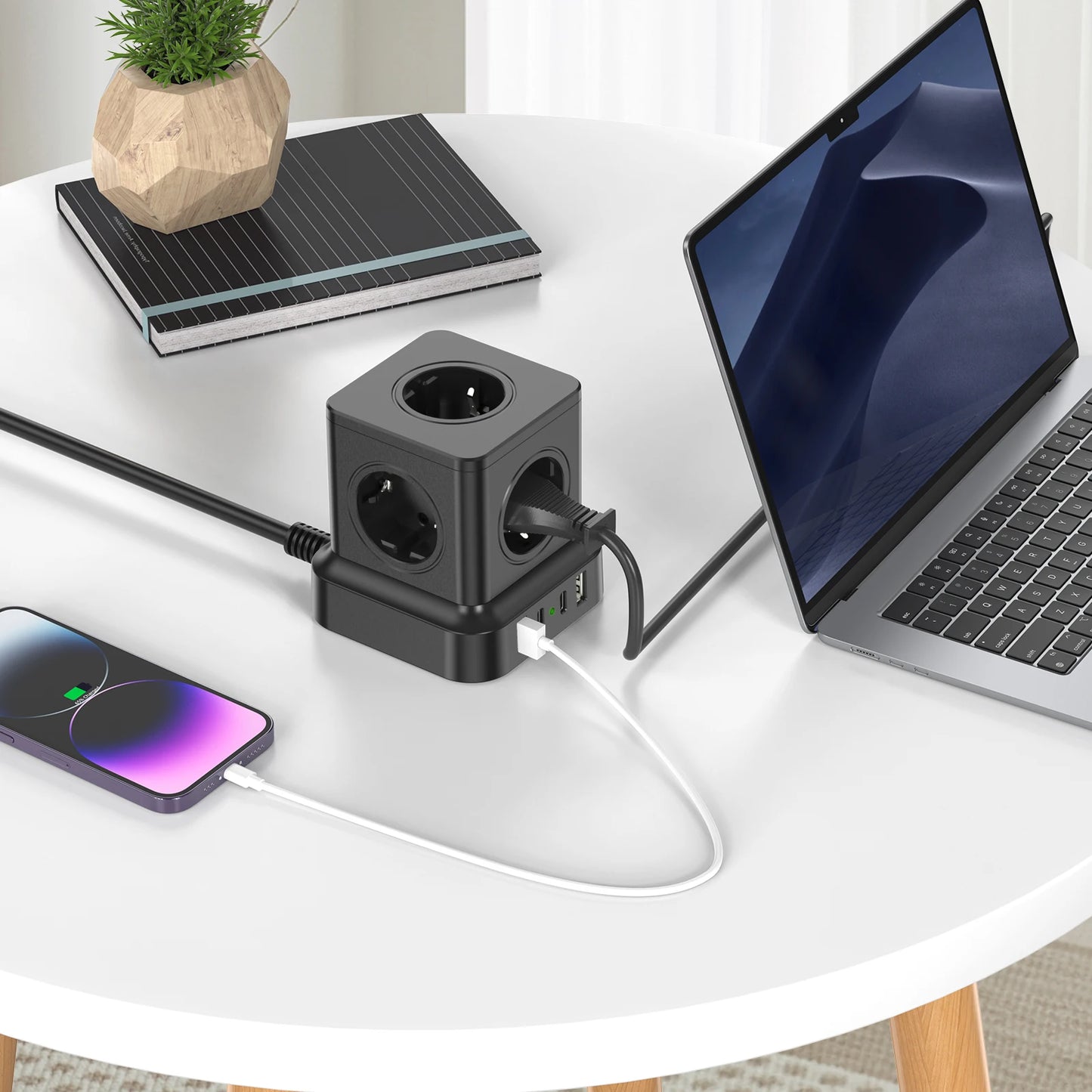 4000W EU Mulit Plug Power Strip Tower with 5 AC Outlets USB C Fast Charger PD20W, Power Board Socket 1.8 m Extension Cable