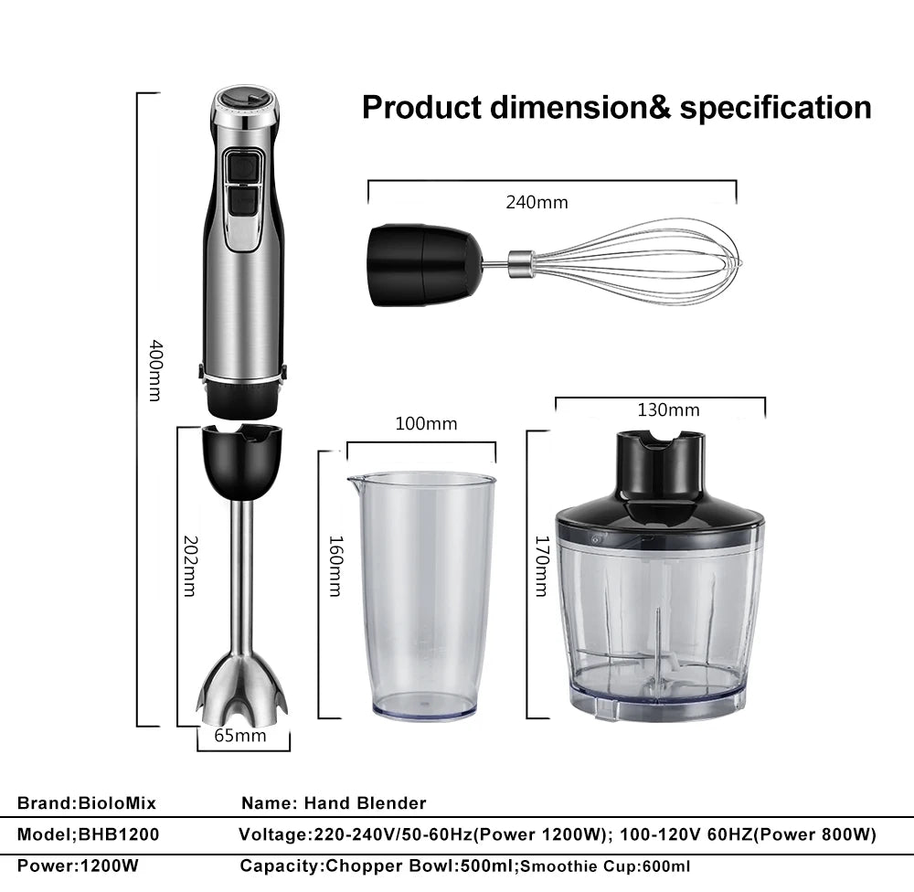 BioloMix Mixeur Plongeant 4-en-1 Haute Puissance 1200W avec Hachoir et Gobelet à Smoothies Lames en Acier Inoxydable pour Glace