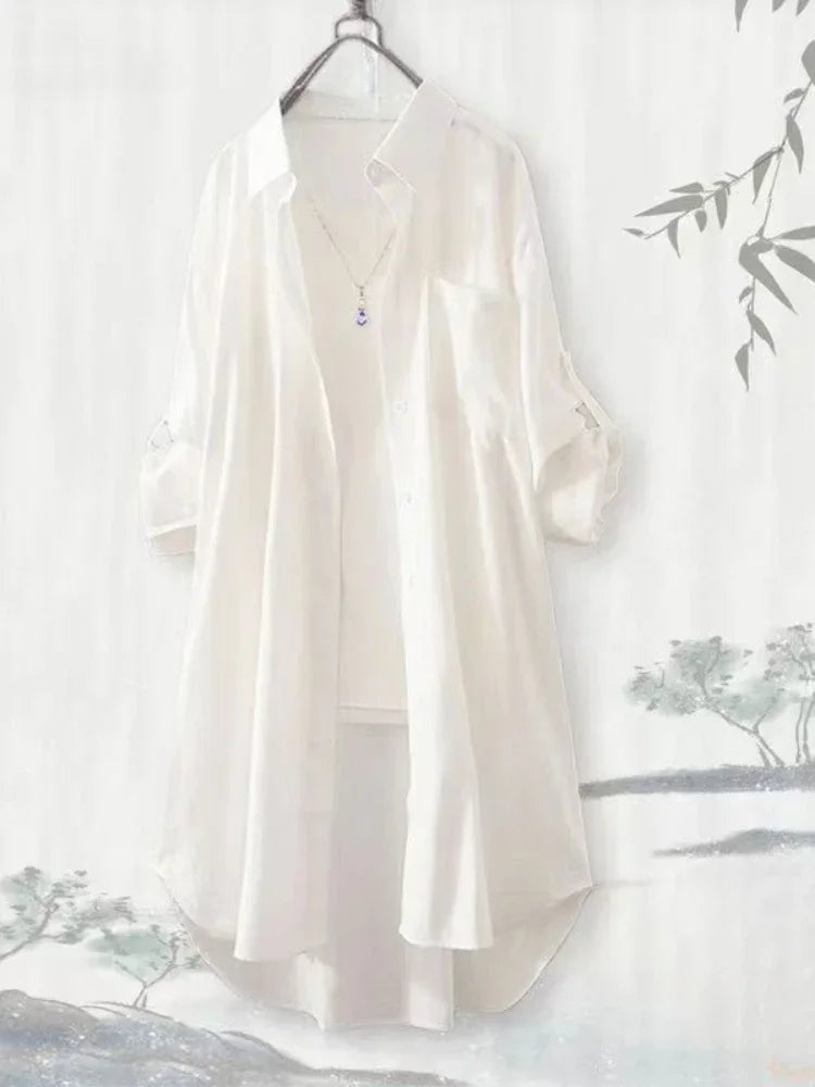 Chemisier ample grande taille respirant Chemise mi-longue coréenne décontractée Chemises d'automne Femme Chemises unies simples à manches longues