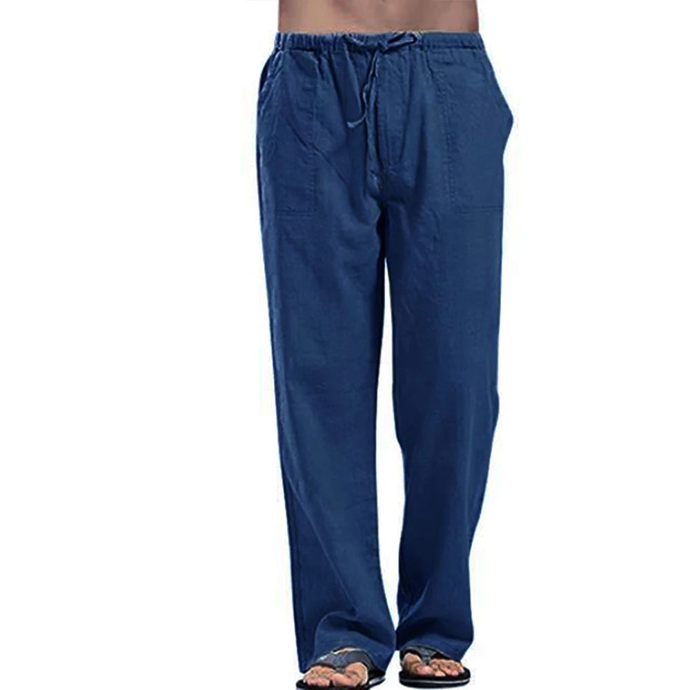 Herren Baumwolle Leinen Lange Hose Leicht Kordelzug mit Taschen Bequeme Gerade Bein Freizeithose für Sommer Strand