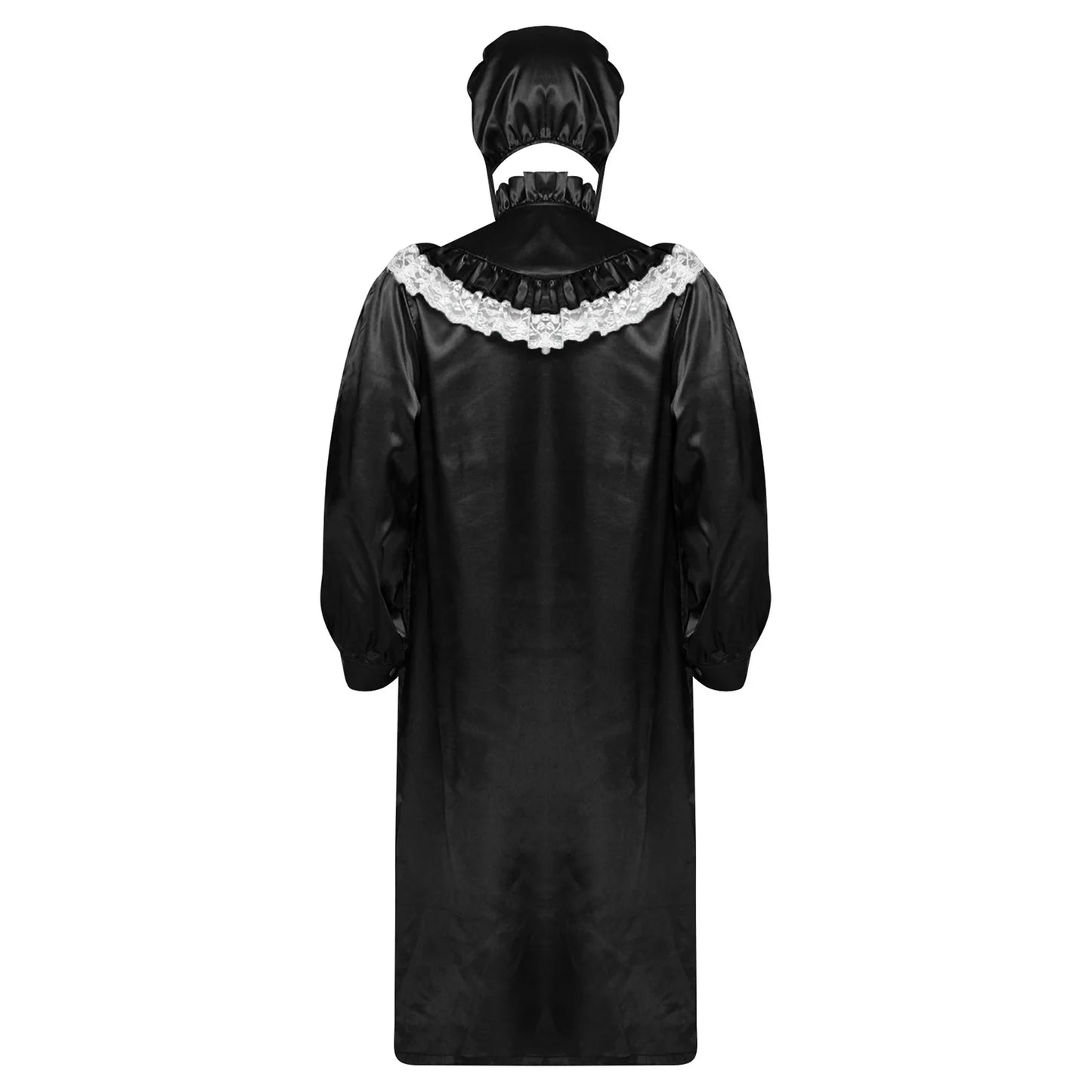 Pyjama homme à volants et dentelle, nuisette victorienne Sissy avec chapeau, robe de nuit satinée à manches longues et fermeture éclair sur le devant