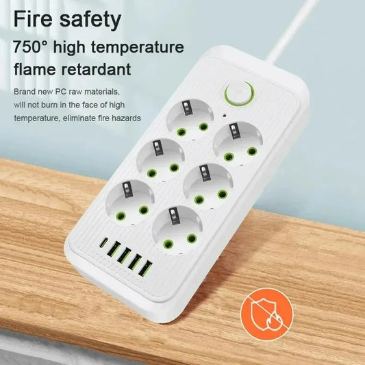EU Steckdosenleiste mit 2M Verlängerungskabel 6/8 EU Steckdosen 4 USB Typ C Anschlüsse Elektrische Steckdosen AC Multisteckdosenleiste