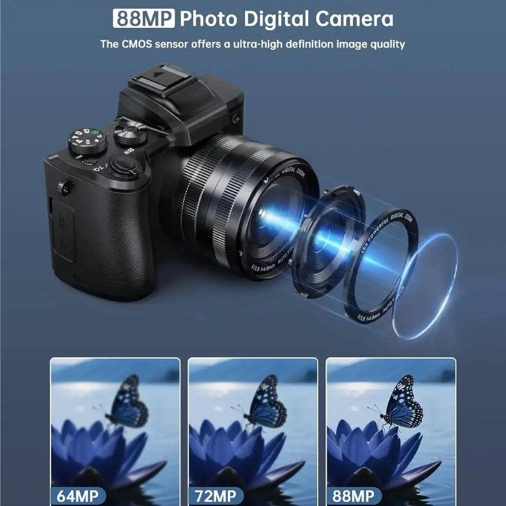 8K Digitalkamera für Fotografie Autofokus WiFi 88MP Vlogging-Kamera mit Dual-Objektiv 16X Digitalzoom Touchscreen Reisekamera