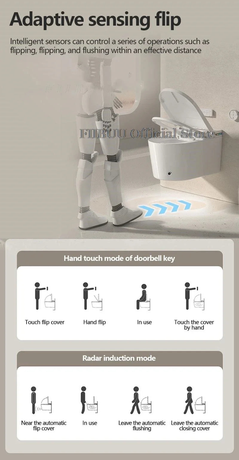 Intelligentes Dusch-WC zur Wandmontage, Smart-WC für das Badezimmer, spülkastenlos, automatisches Öffnen/Schließen, beheizter Sitz, elektrisch, länglich, wandhängend