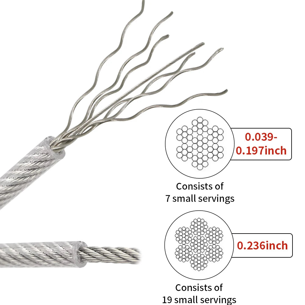 1/1.2/1.5/2/3/4/5mm cable rope, 5-20M PVC transparent coated steel cable rope, 304 stainless steel cable rope