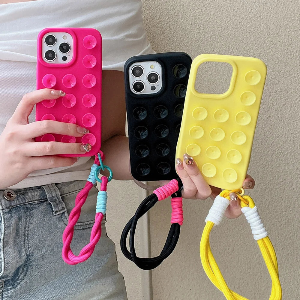 Suction Cup Phone Case For iPhone 16 Pro Max Case iPhone 17 13 11 12 14 15 Pro Max 14 Plus Wrist Strap Bracelet Lanyard Cover