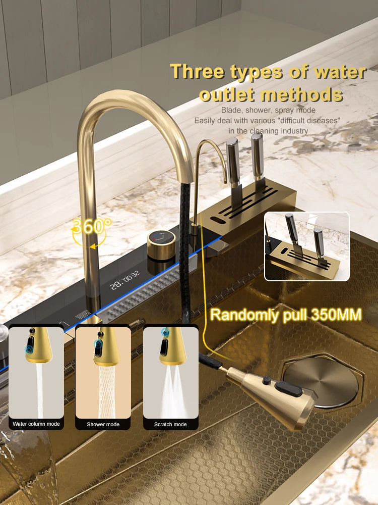 Golden Stainless Steel Kitchen Sink Waterfall Outlet Large Single Sink Digital Display Dishwashing and Vegetable Sinks