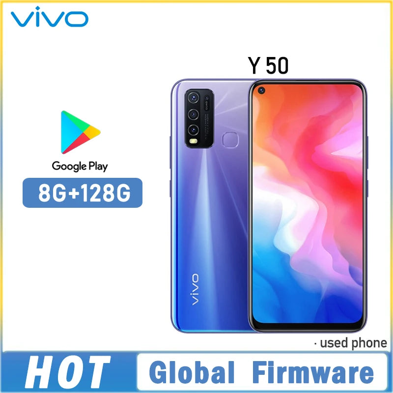 Global Firmware VIVO Y50 Smartphone Snapdragon 665 Octa Core 6.53" 5000mAh 8Go 128Go Appareils Photo 16.0MP Y 50 Téléphone d'occasion